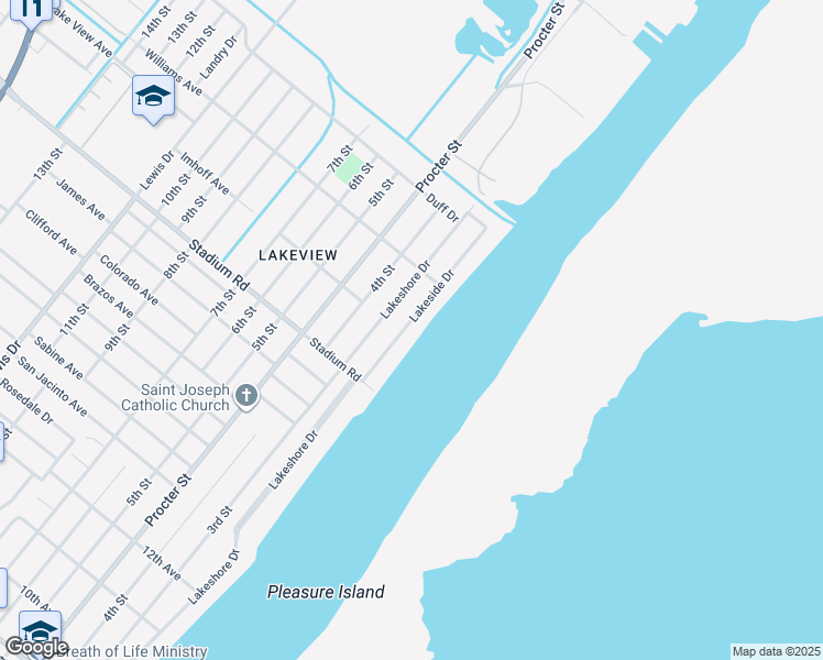 map of restaurants, bars, coffee shops, grocery stores, and more near 5123 Lakeside Drive in Port Arthur