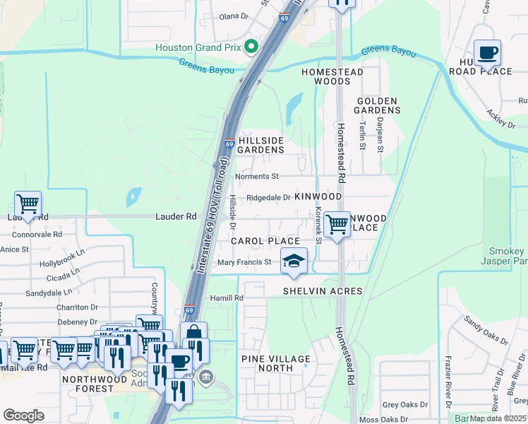 map of restaurants, bars, coffee shops, grocery stores, and more near 5538 Ridgedale Drive in Houston