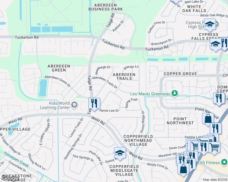 map of restaurants, bars, coffee shops, grocery stores, and more near 15839 Aberdeen Trails Drive in Houston
