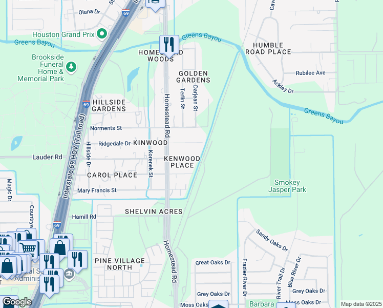 map of restaurants, bars, coffee shops, grocery stores, and more near 6002 Ridgedale Drive in Houston