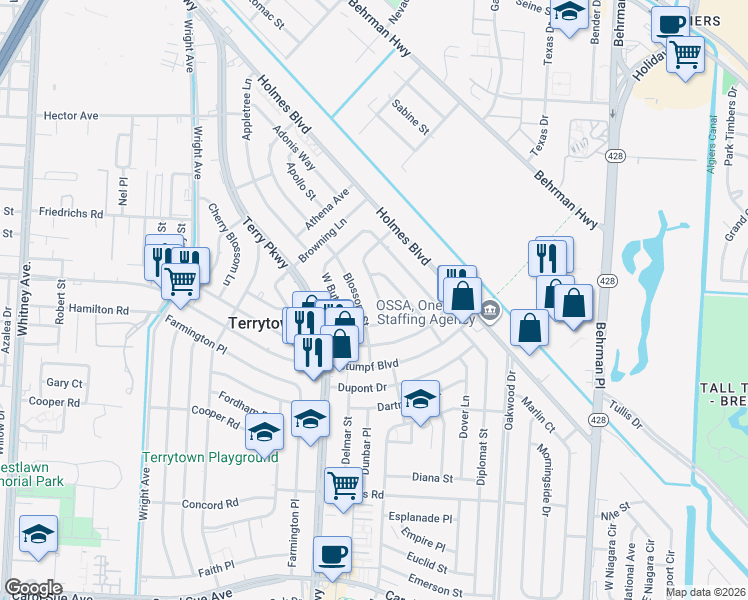 map of restaurants, bars, coffee shops, grocery stores, and more near 417 Blossom Street in Terrytown