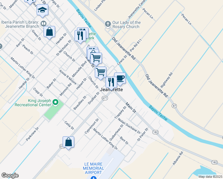 map of restaurants, bars, coffee shops, grocery stores, and more near in Jeanerette