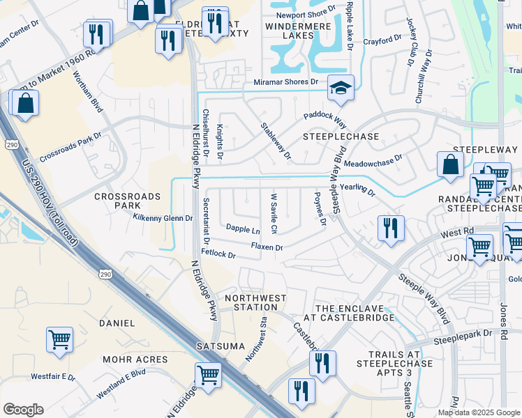 map of restaurants, bars, coffee shops, grocery stores, and more near 9622 Cannock Chase Drive in Houston