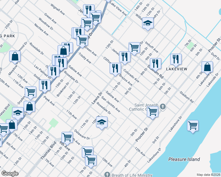 map of restaurants, bars, coffee shops, grocery stores, and more near 1028 Neches Avenue in Port Arthur