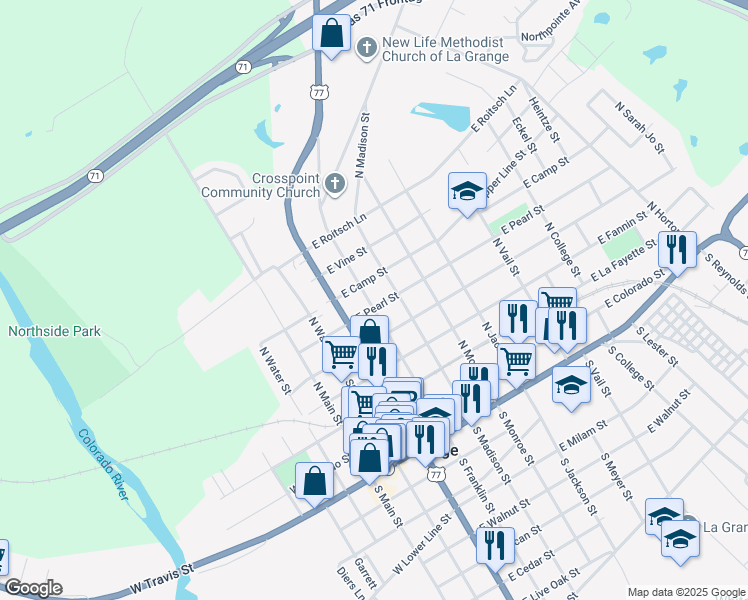 map of restaurants, bars, coffee shops, grocery stores, and more near 648 North Franklin Street in La Grange
