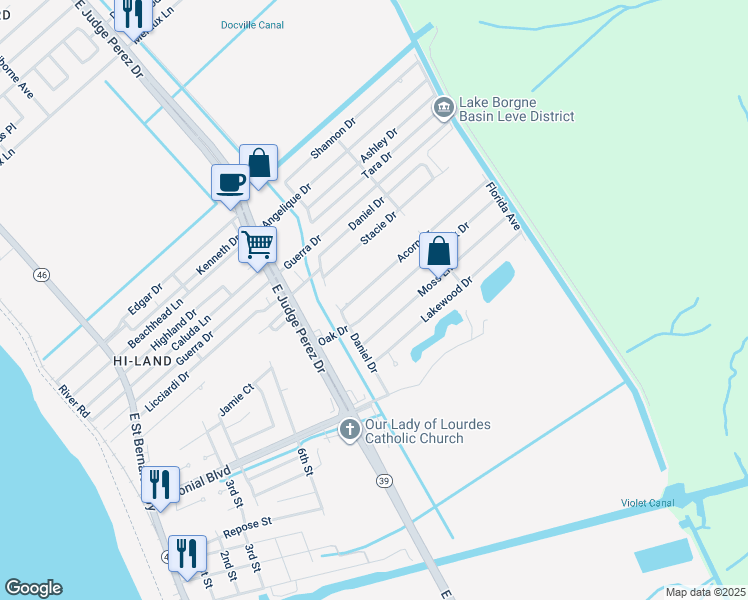 map of restaurants, bars, coffee shops, grocery stores, and more near 2912 Oak Drive in Violet
