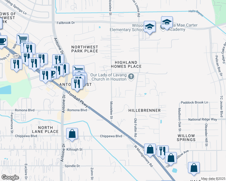 map of restaurants, bars, coffee shops, grocery stores, and more near 12317 Mosielee Street in Houston