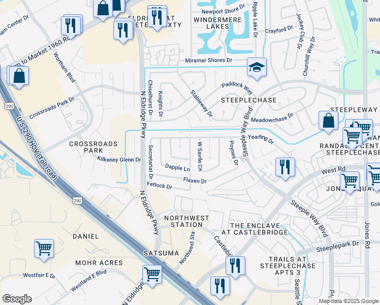 map of restaurants, bars, coffee shops, grocery stores, and more near 9622 Cannock Chase Drive in Houston