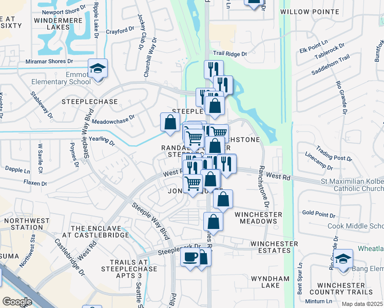 map of restaurants, bars, coffee shops, grocery stores, and more near 9561 Jones Road in Houston