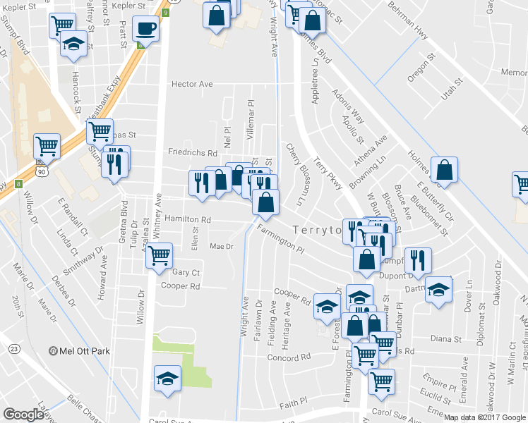 map of restaurants, bars, coffee shops, grocery stores, and more near 1801 Stumpf Blvd in Terrytown