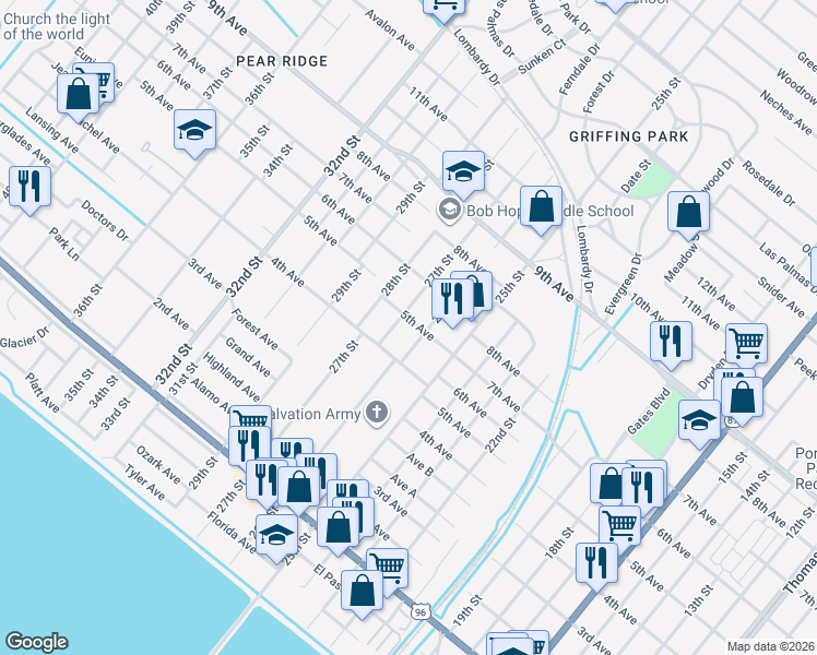 map of restaurants, bars, coffee shops, grocery stores, and more near 2749 5th Avenue in Port Arthur