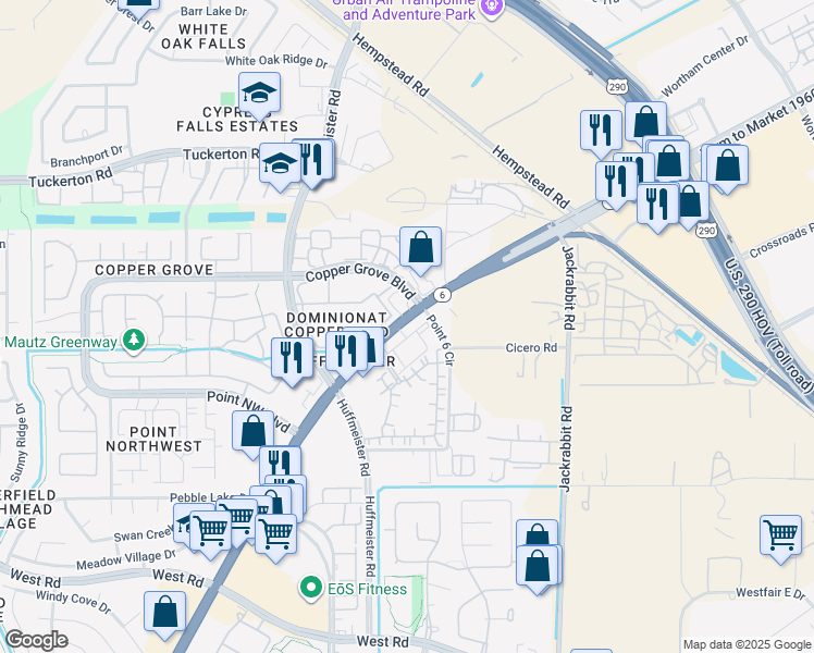 map of restaurants, bars, coffee shops, grocery stores, and more near 9130 Highway 6 North in Houston