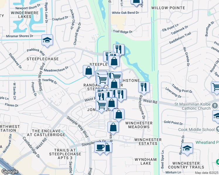 map of restaurants, bars, coffee shops, grocery stores, and more near 9561 Jones Road in Houston