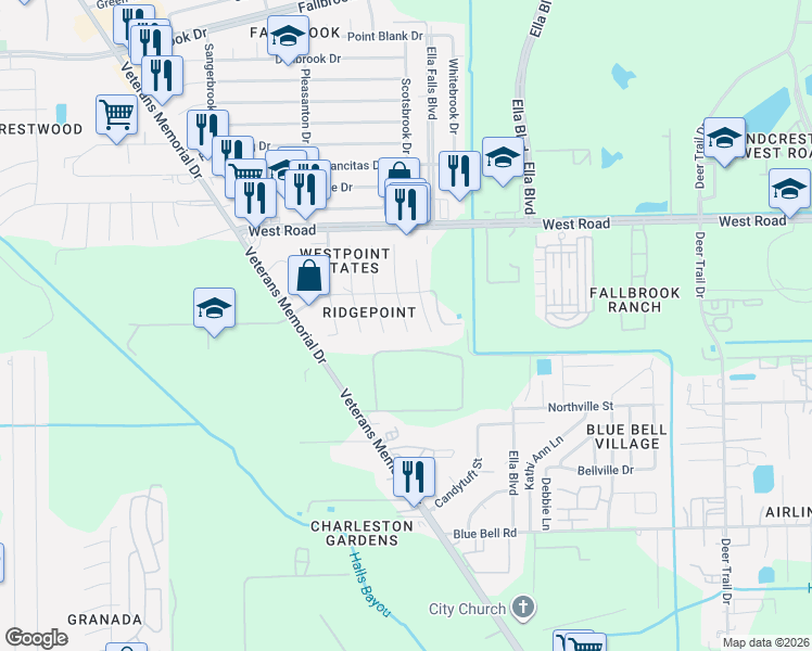 map of restaurants, bars, coffee shops, grocery stores, and more near 10028 Woodico Drive in Houston