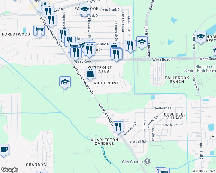 map of restaurants, bars, coffee shops, grocery stores, and more near 10028 Woodico Drive in Houston