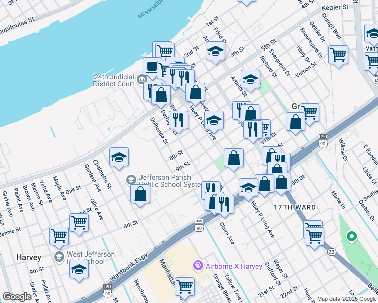 map of restaurants, bars, coffee shops, grocery stores, and more near 916 8th Street in Gretna