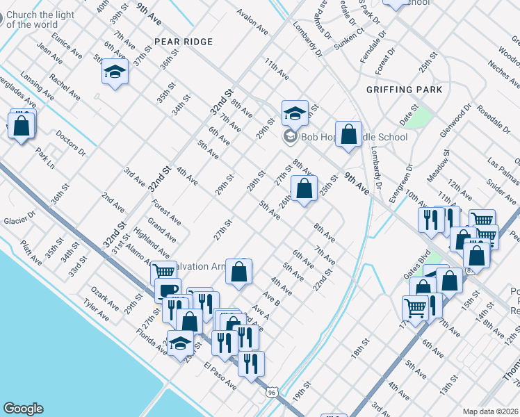 map of restaurants, bars, coffee shops, grocery stores, and more near 2749 5th Ave in Port Arthur