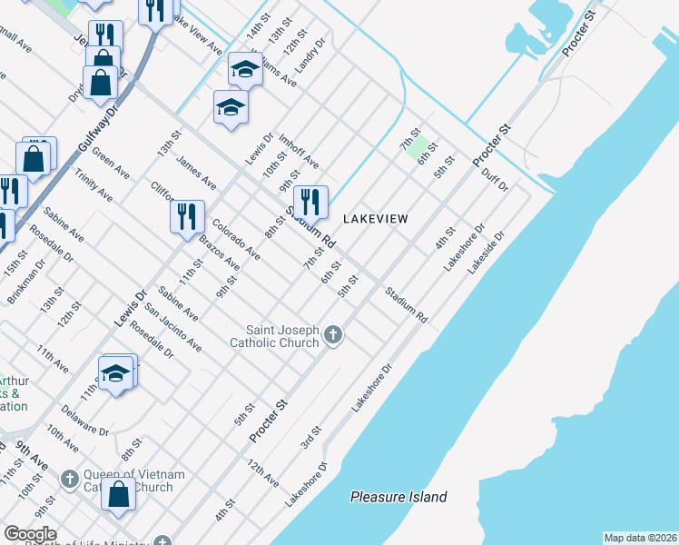 map of restaurants, bars, coffee shops, grocery stores, and more near 4850 6th Street in Port Arthur