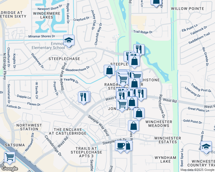 map of restaurants, bars, coffee shops, grocery stores, and more near 11168 Steeplecrest Drive in Houston