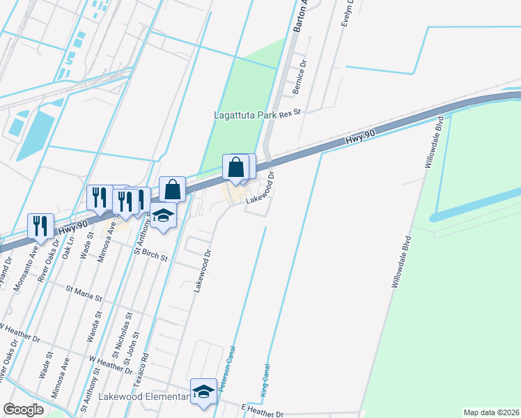 map of restaurants, bars, coffee shops, grocery stores, and more near 117 Lakewood Drive in Luling