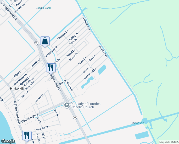 map of restaurants, bars, coffee shops, grocery stores, and more near 3120 Lakewood Drive in Violet
