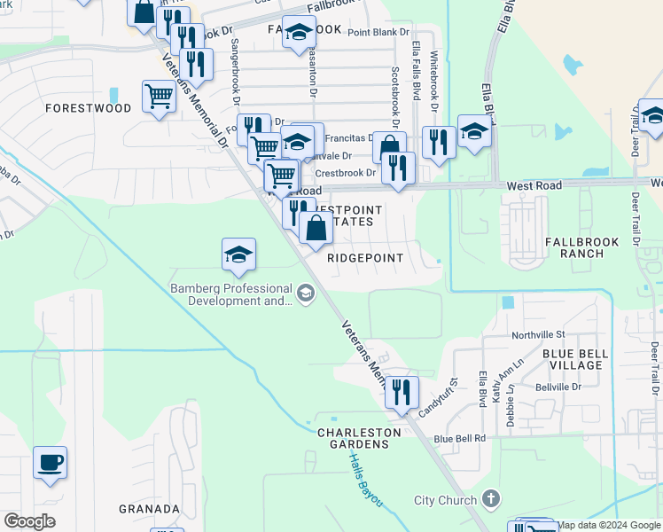 map of restaurants, bars, coffee shops, grocery stores, and more near 10045 Sharpton Drive in Houston