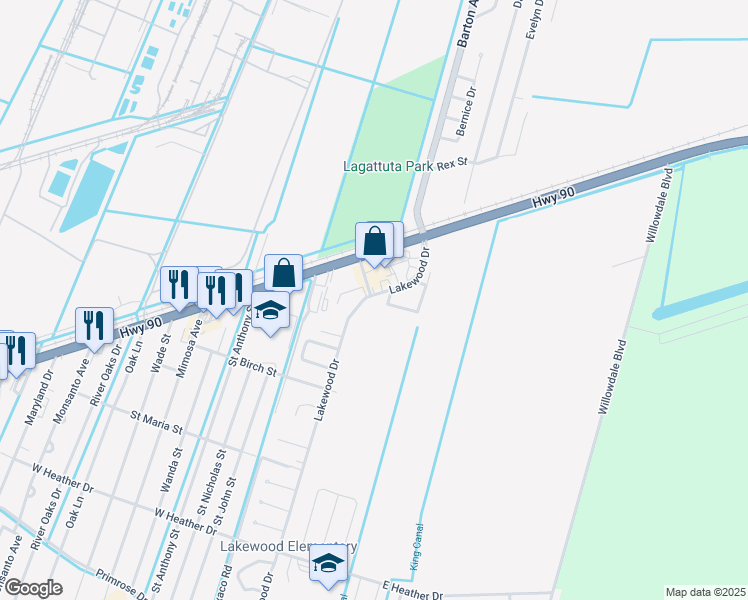 map of restaurants, bars, coffee shops, grocery stores, and more near 73 Lakewood Drive in Luling