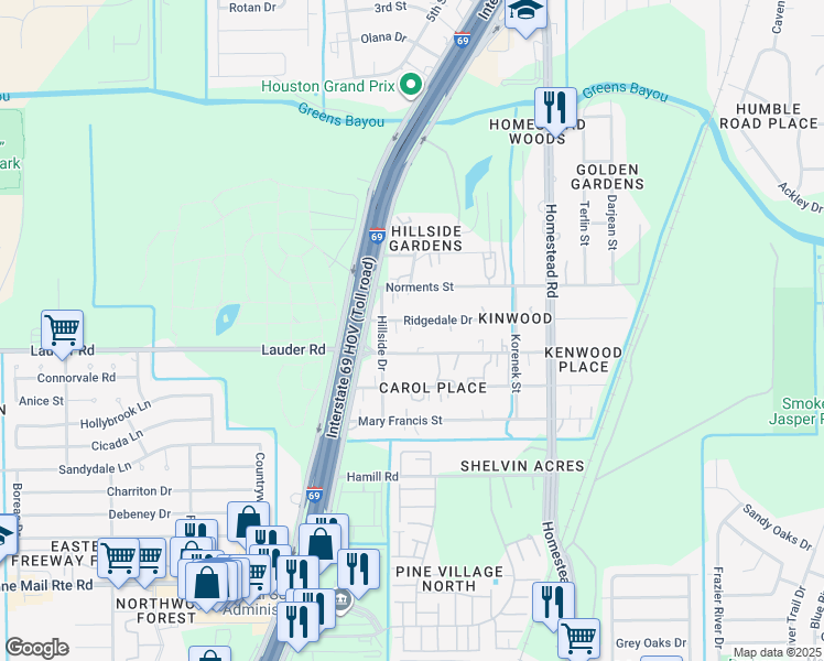 map of restaurants, bars, coffee shops, grocery stores, and more near 5538 Ridgedale Drive in Houston