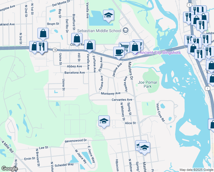 map of restaurants, bars, coffee shops, grocery stores, and more near 352 Armas Avenue in St. Augustine