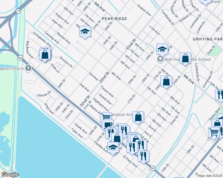 map of restaurants, bars, coffee shops, grocery stores, and more near 3132 Forest Avenue in Port Arthur