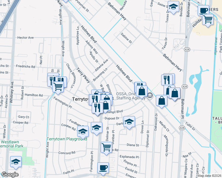 map of restaurants, bars, coffee shops, grocery stores, and more near 417 Blossom Street in Terrytown