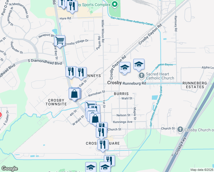 map of restaurants, bars, coffee shops, grocery stores, and more near 502 Runneburg Road in Crosby