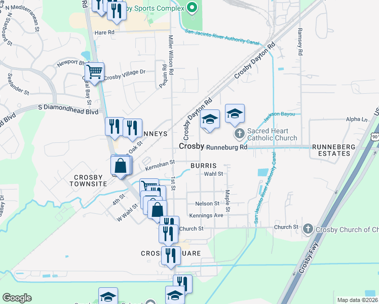 map of restaurants, bars, coffee shops, grocery stores, and more near 5714 Crosby Dayton Road in Crosby