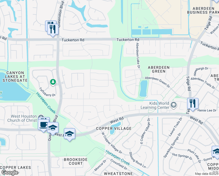 map of restaurants, bars, coffee shops, grocery stores, and more near 16503 Grenada Falls Drive in Houston