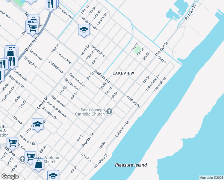 map of restaurants, bars, coffee shops, grocery stores, and more near 4850 6th Street in Port Arthur