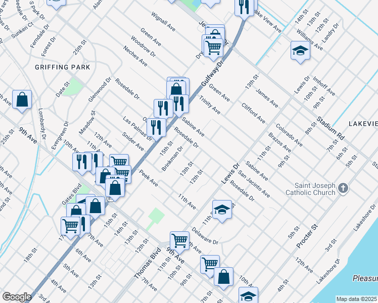 map of restaurants, bars, coffee shops, grocery stores, and more near 4010 14th Street in Port Arthur