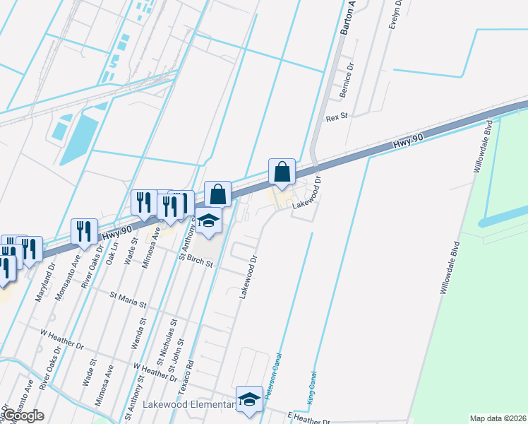 map of restaurants, bars, coffee shops, grocery stores, and more near 128 Lakewood Drive in Luling
