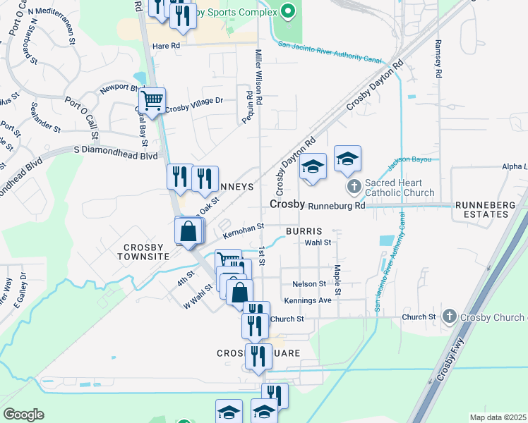 map of restaurants, bars, coffee shops, grocery stores, and more near 502 Runneburg Road in Crosby