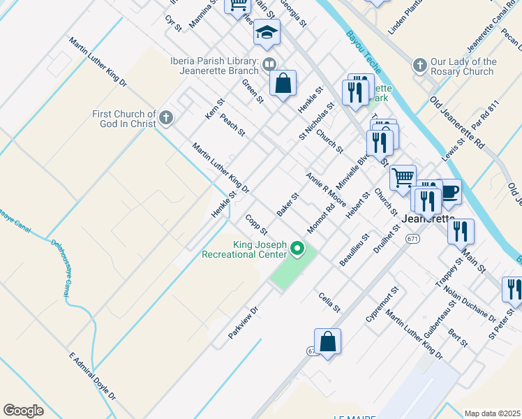 map of restaurants, bars, coffee shops, grocery stores, and more near 1525 Martin Luther King Drive in Jeanerette