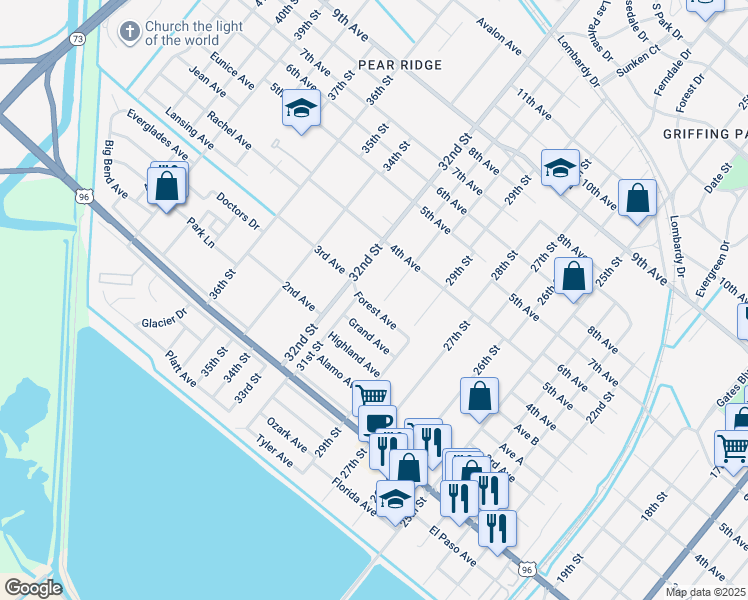 map of restaurants, bars, coffee shops, grocery stores, and more near 3132 Forest Ave in Port Arthur