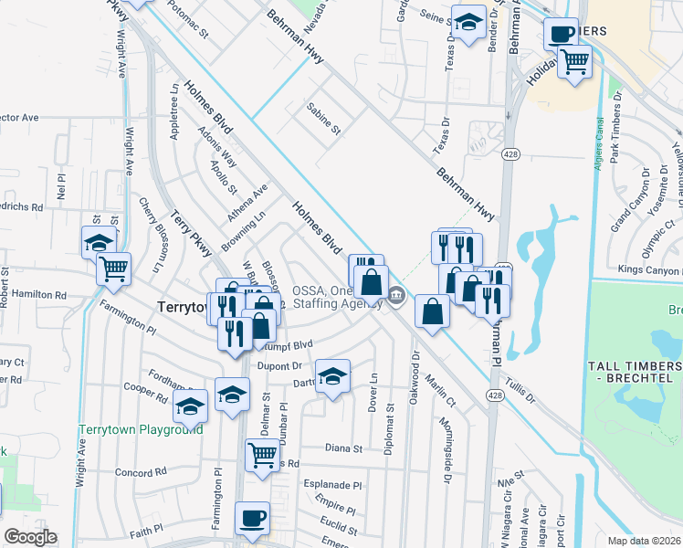 map of restaurants, bars, coffee shops, grocery stores, and more near 431 East Butterfly Circle in Terrytown