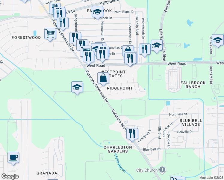 map of restaurants, bars, coffee shops, grocery stores, and more near 10033 Lasaber Court in Houston