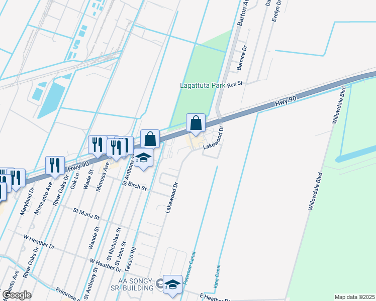 map of restaurants, bars, coffee shops, grocery stores, and more near 126 Lakewood Drive in Luling