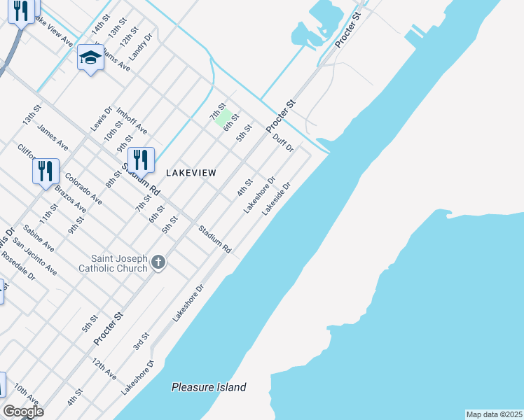 map of restaurants, bars, coffee shops, grocery stores, and more near 5123 Lakeside Drive in Port Arthur