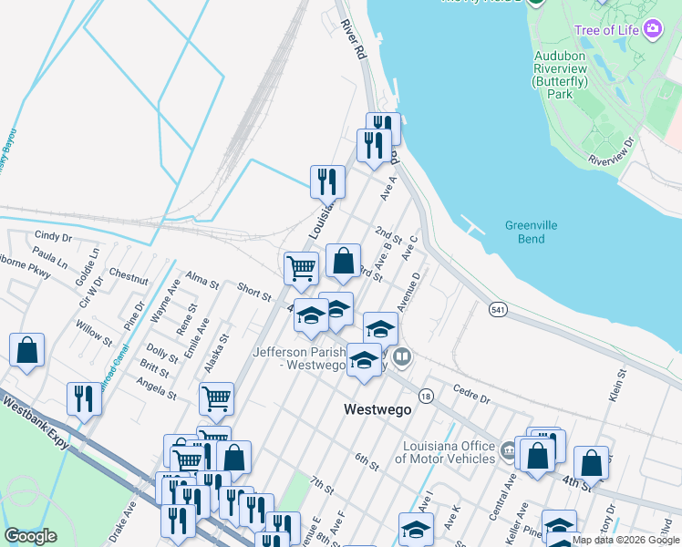 map of restaurants, bars, coffee shops, grocery stores, and more near 422 Avenue A in Westwego