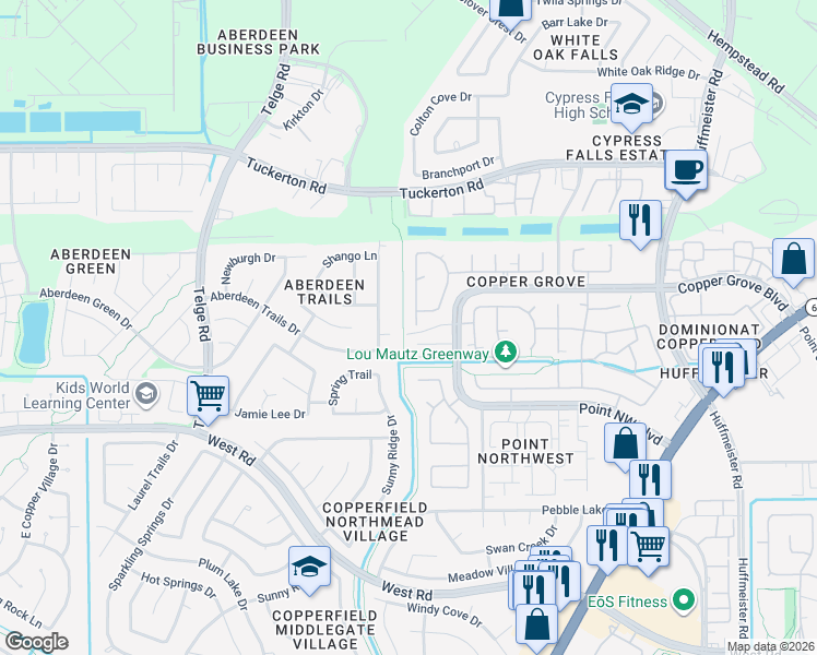 map of restaurants, bars, coffee shops, grocery stores, and more near 9303 Reston Grove Lane in Houston