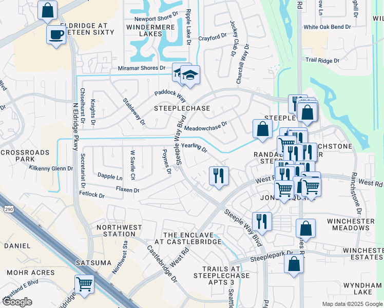 map of restaurants, bars, coffee shops, grocery stores, and more near 9623 Blackamore Circle in Houston