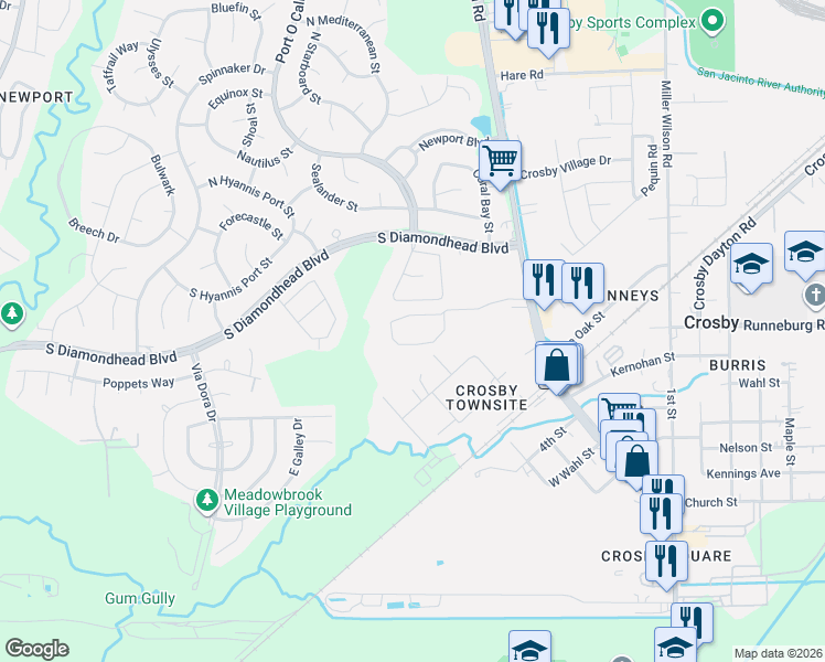 map of restaurants, bars, coffee shops, grocery stores, and more near 5925 Farm to Market 2100 in Crosby