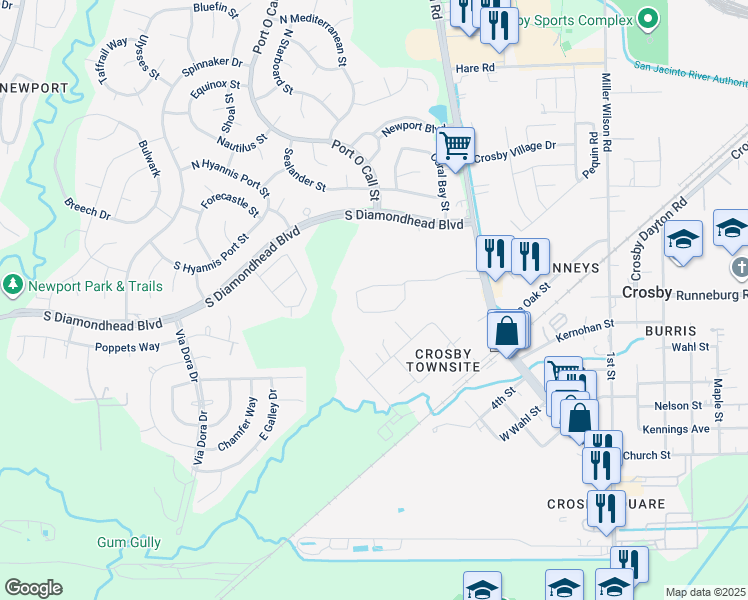 map of restaurants, bars, coffee shops, grocery stores, and more near 5925 Farm to Market 2100 in Crosby