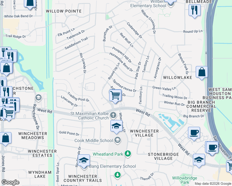 map of restaurants, bars, coffee shops, grocery stores, and more near 9514 Lost Eagle Drive in Houston